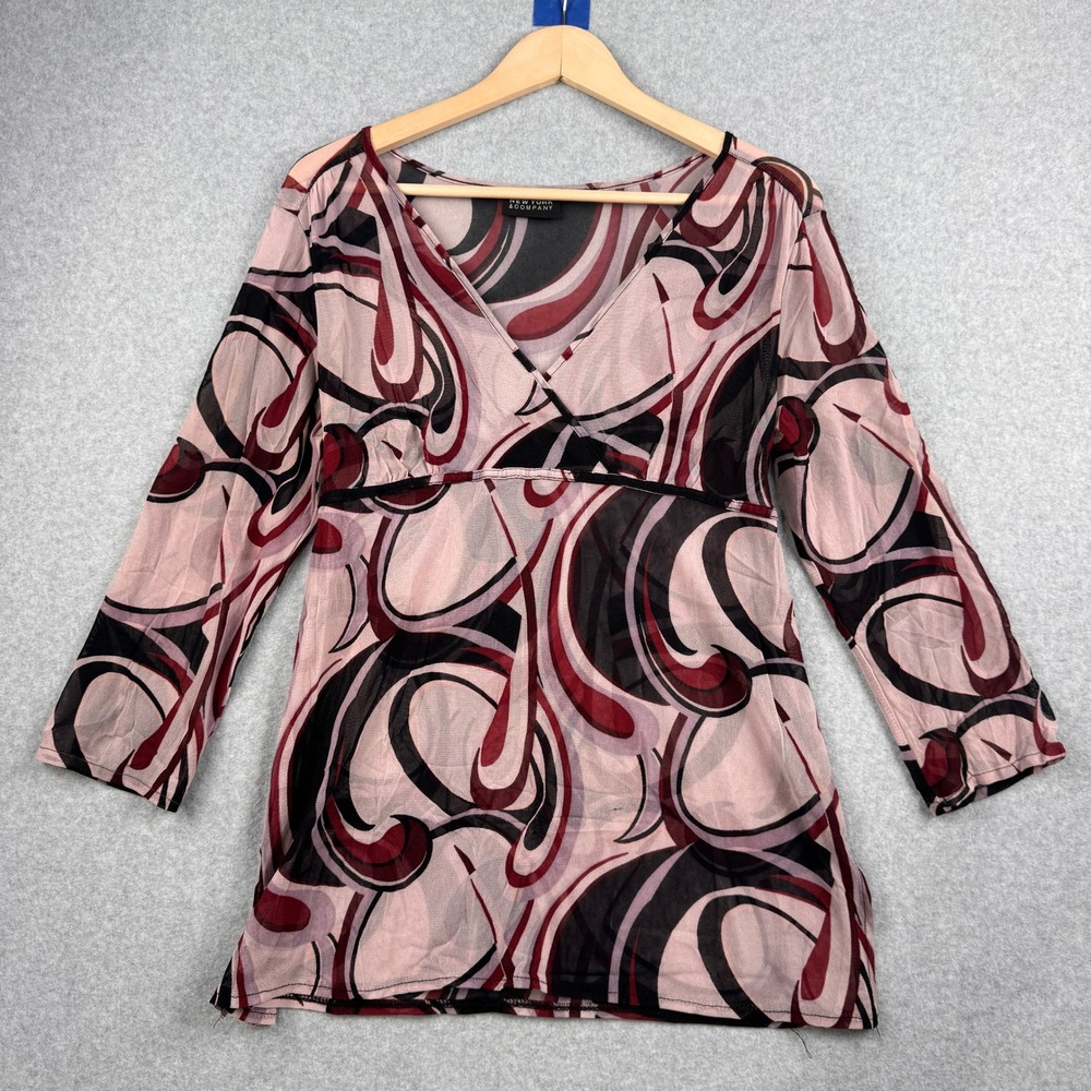 VTG New York & Co Top Womens Large Pink Abstract Y2K Mesh Sheer Fairy Babydoll